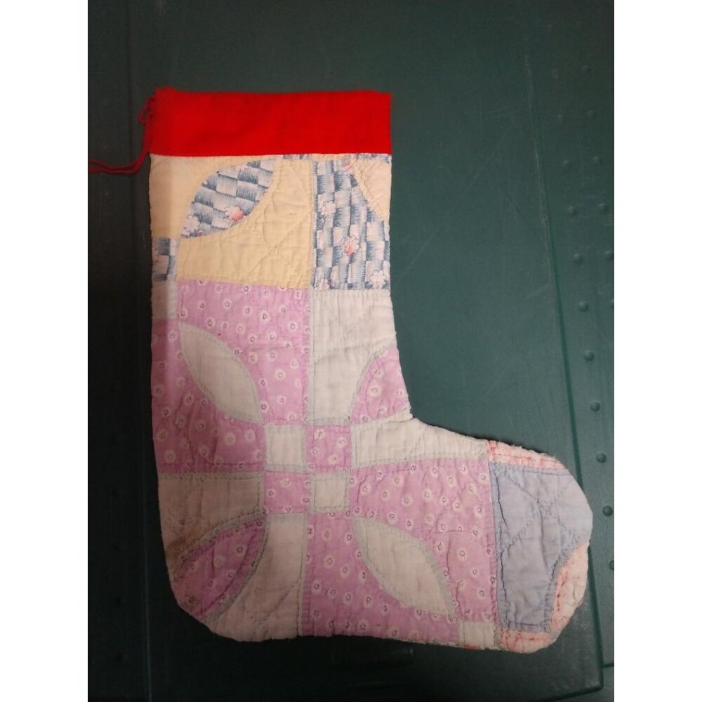 Handmade Quilted Christmas Stocking With Vintage Patchwork Design 14" Tall Red C